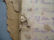Detail of damage to Reuben J Stone Farm daybook.  Courtesy of Herefordshire Archives Service.