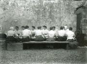 Waulking the tweed, in front of Stein School Building, Waternish.
