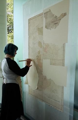 Coleshill: Great Coxwell map during conservation. Berkshire Record Office.